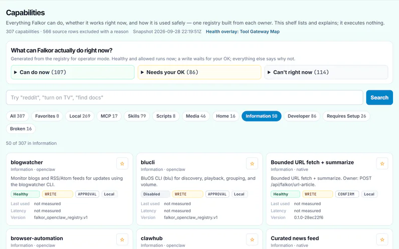 Falkor's Capabilities page, its live registry of runnable actions: 307 split into Can do now (107), Needs your OK (86) and Can't right now (114), with filter chips and cards showing health, write policy and locality.