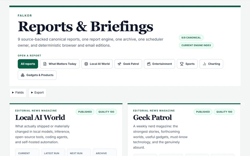 Falkor's Reports and Briefings page: a large serif masthead, report tabs from What Matters Today to Gadgets and Products, and cards for Local AI World and Geek Patrol, each marked published with quality 100.
