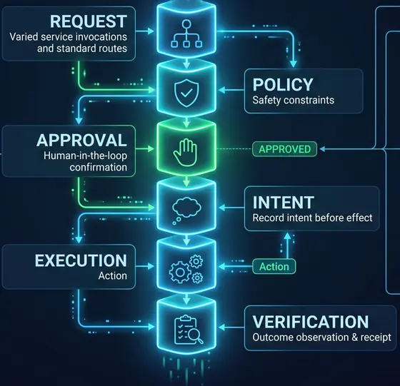 Illustration: a vertical chain of six glowing blocks: request, policy, approval, intent, execution, and verification with a receipt.