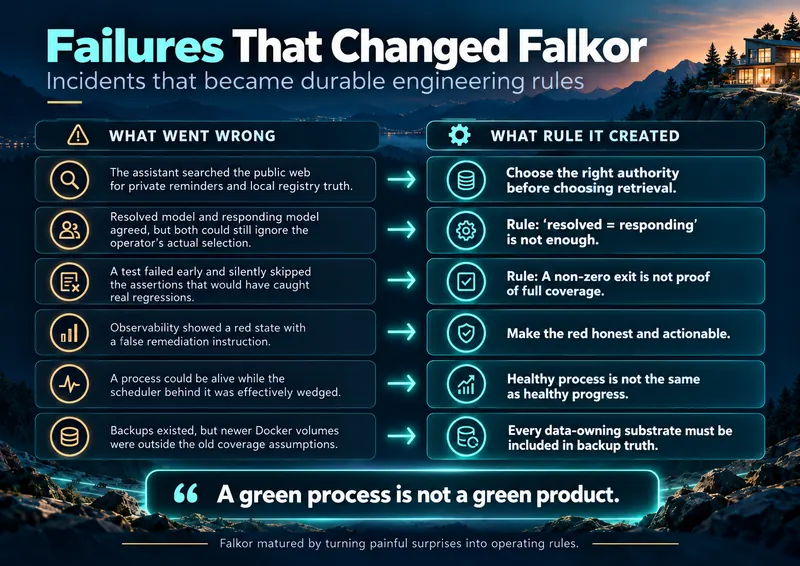Illustration: six things that went wrong, each paired with the rule it created, under the line “A green process is not a green product.”