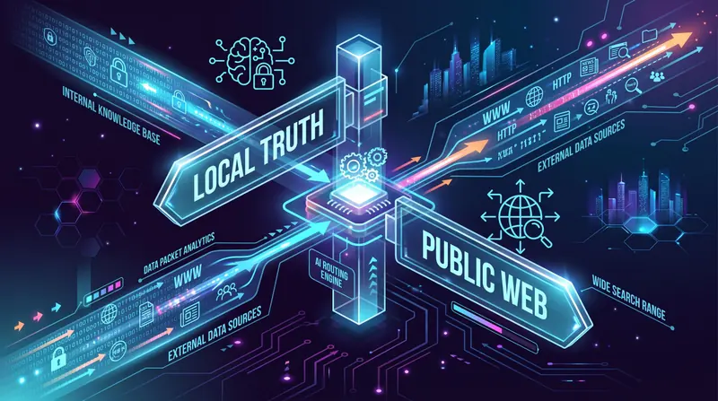Illustration: a glowing signpost at a crossroads of data streams, one arm pointing to local truth, the other to the public web.