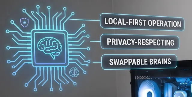 Illustration: a glowing chip with a brain at its center, wired to three labels: local-first operation, privacy-respecting, swappable brains.